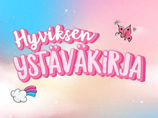 Hyviksen Ystäväkirjan logo, jossa on pastellisävyinen tausta, perhonen ja sateenkaari