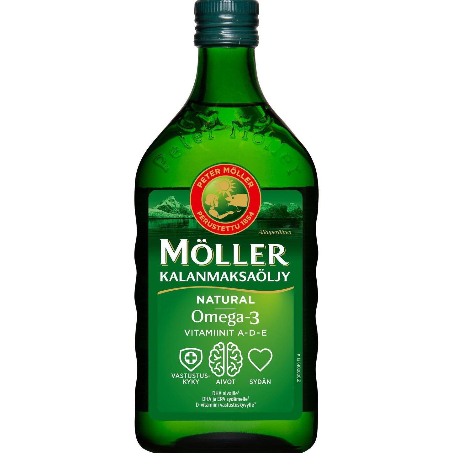 Möller Kalanmaksaöljy -pullo, vihreä, A-, D-, E-vitamiini- ja omega-3-tiedot suomeksi, terveyskuvakkeita; kiiltäväpintainen muovipullo pyöristetyin reunoin