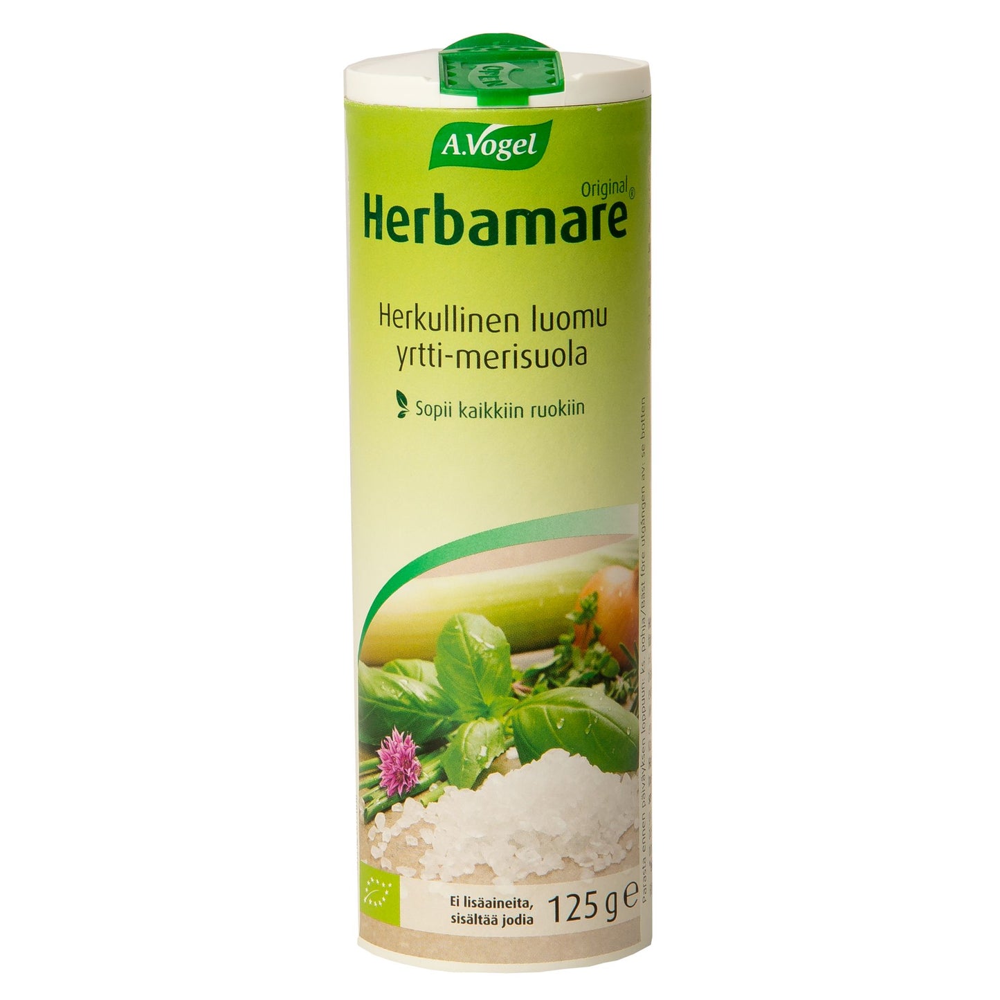 A.Vogel Herbamare Luomu Yrttisuola -purkki, 125 g, vihreä etiketti, tuoreiden vihannesten ja yrttien kuvia sekä kasa luonnonmerisuolaa; mattapintainen paperietiketti valkoisen muovipurkin ympärillä, groteskifontti ja kursiivi valkoisena ja tummanvihreänä