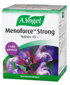 A.Vogel Menoforce Strong -pakkaus, salviauute yli 45-vuotiaille naisille; suorakaiteen muotoinen mattapintainen rasia, violetti kukka ja vihreä teksti valkoisella-vihreällä pohjalla, realistinen kukkakuvitus etupaneelin keskellä