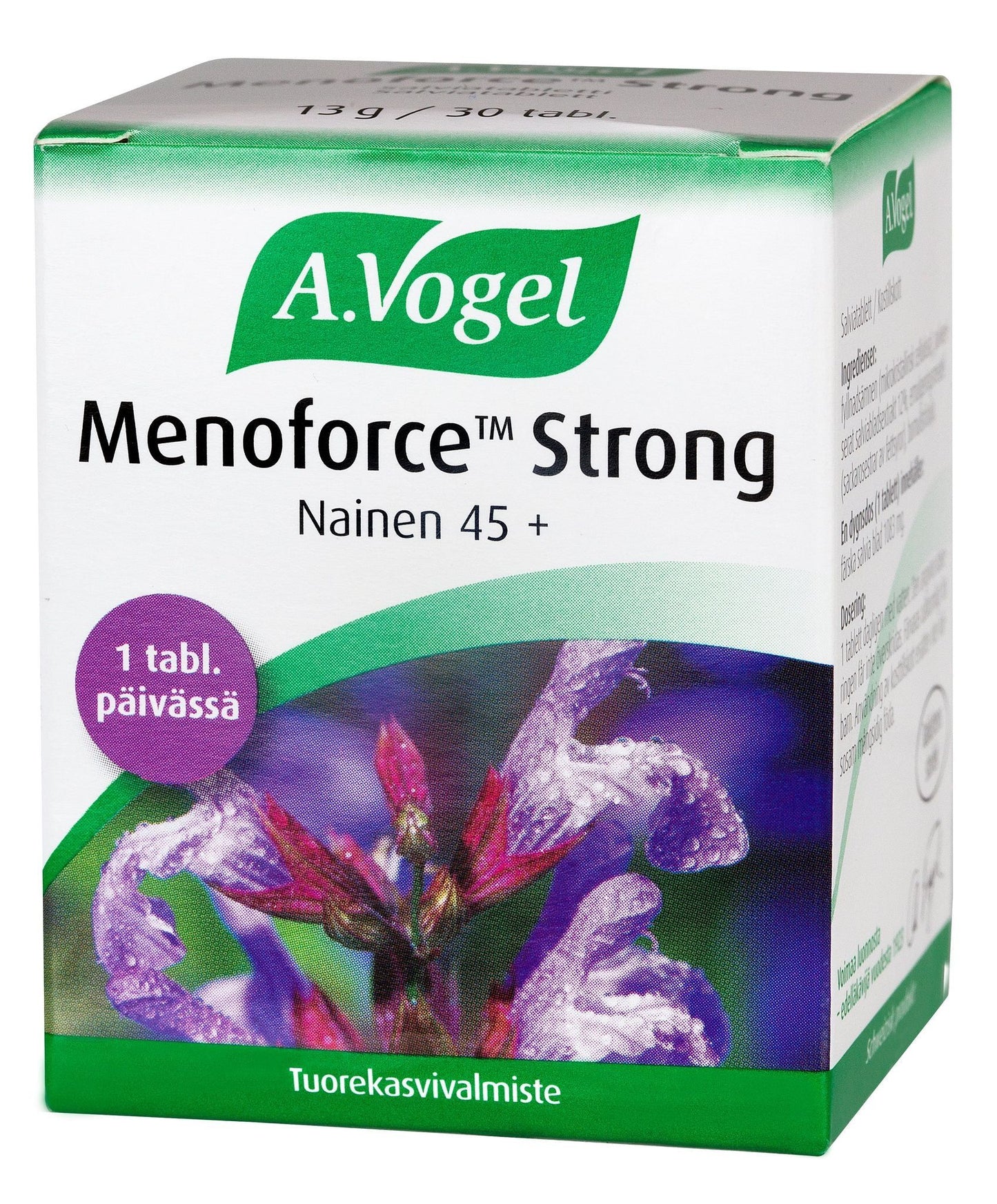 A.Vogel Menoforce Strong -pakkaus, salviauute yli 45-vuotiaille naisille; suorakaiteen muotoinen mattapintainen rasia, violetti kukka ja vihreä teksti valkoisella-vihreällä pohjalla, realistinen kukkakuvitus etupaneelin keskellä