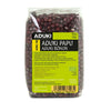 A clear plastic bag of Aduki beans labeled in Finnish and Swedish, featuring organic cooking instructions, nutritional info, and a barcode at the bottom. Net weight: 500g. Brand: Aduk. The packaging is rectangular with glossy finish, dark beans visible through plastic, black and white printed label text in sans-serif font. Plain background; no people or actions shown.