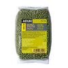 A clear plastic 500g bag of Aduki organic mung beans with a yellow label displaying product information in Finnish and Swedish, featuring high-quality mung beans. The packaging is glossy and rectangular with rounded edges, containing small green beans visible through the bag. Black sans-serif text on the label; no people or hands in frame. The background is plain and light-colored.