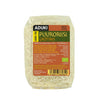 A clear plastic bag of Aduki brand white rice, labeled PuuroRiisi in Finnish and Swedish, features nutritional information and green organic certification on the front. The bag contains 500 grams of organic rice. The packaging is rectangular with a matte finish, displaying bold sans-serif typography; main label text is black and green. No people or hands present. Photo has a plain background and shows only the product centered in frame.