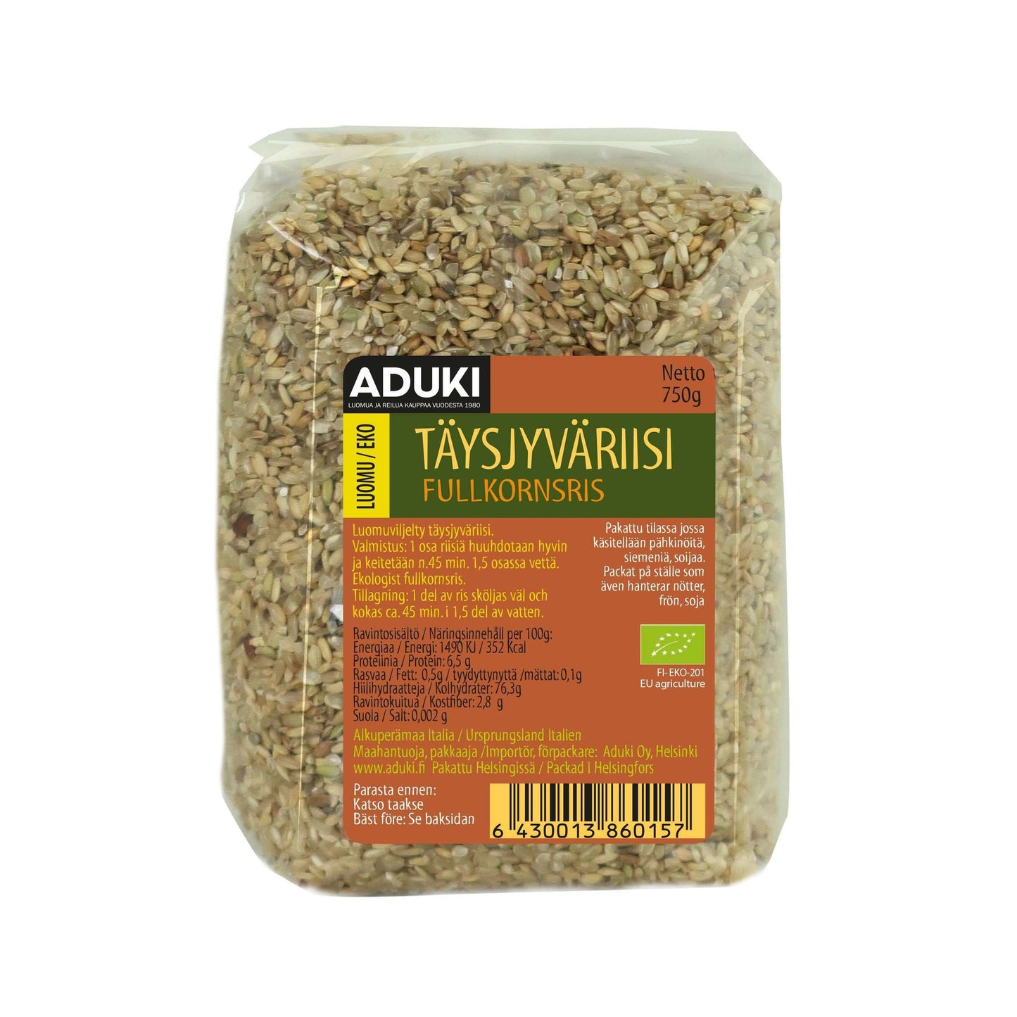 Aduki Täysjyväriisi, luomu, 750 g; kirkas muovipussi vihreä-keltaisella mattaetiketillä; suorakulmainen pakkaus, suljettu ylä- ja alareunasta; teksti suomeksi ja ruotsiksi sekä luomusertifiointilogot lihavoidulla groteskifontilla; vaalea tausta, ei ihmisiä tai muita esineitä.