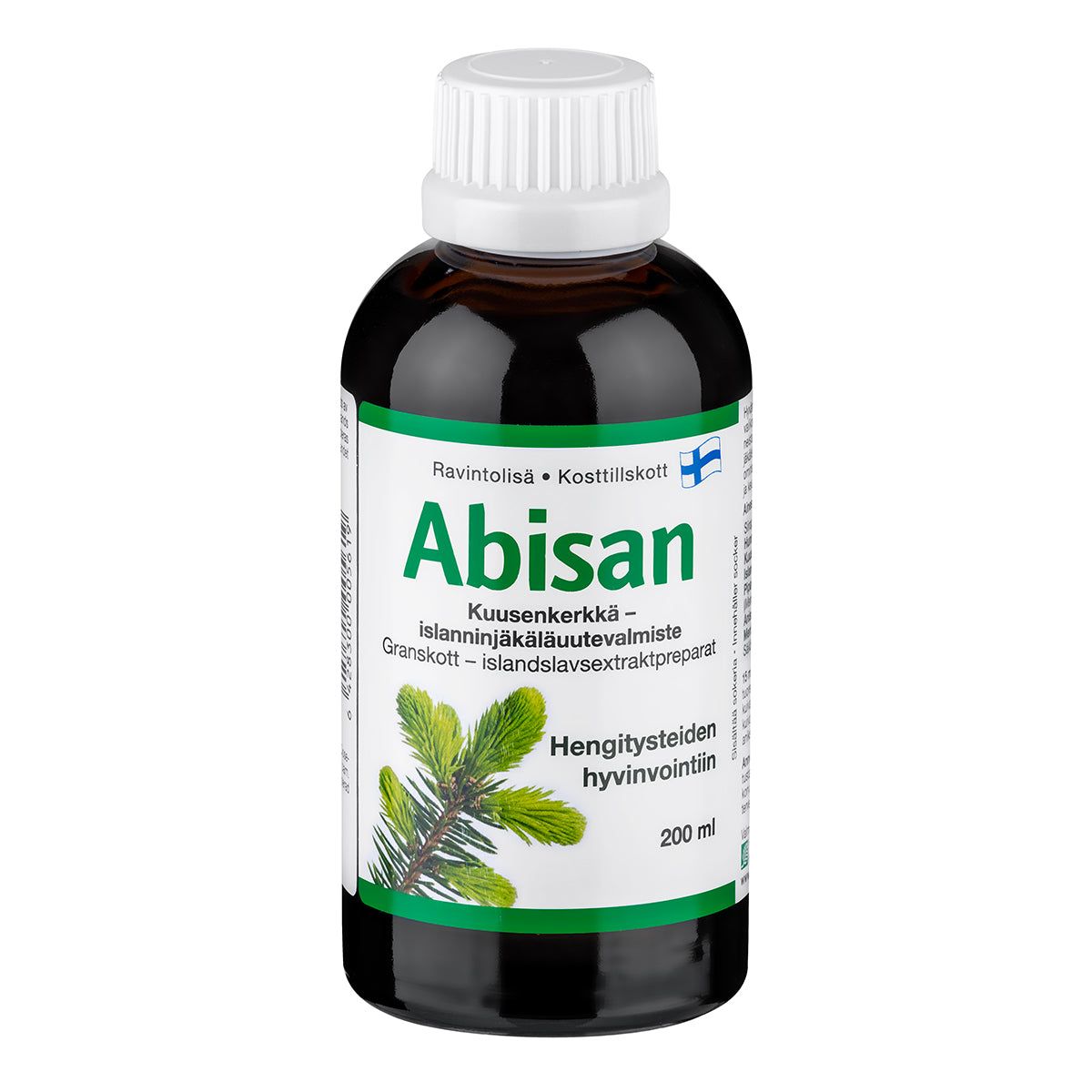 A 200 ml bottle of Abisan, a Finnish dietary supplement with a spruce branch on the label, designed to support respiratory well-being. The packaging features text in both Finnish and Swedish. The bottle is cylindrical and made of clear glossy plastic with a white screw cap. The label background is mainly white with green accents, featuring sans-serif black and green text. No people or hands visible. Shot against a plain white background.