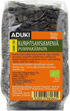 Aduki Luomu Kurpitsansiemen 400 g, läpinäkyvä pussi kuorittuja tummanvihreitä siemeniä