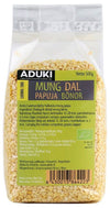 Aduki Luomu Mung dal; kirkas muovipussi Aduki-merkkistä vihreää mung dalia (halkaistuja mungpapuja) vihreällä ja keltaisella etiketillä, jossa ainesosat ja ravintoarvotiedot suomeksi ja ruotsiksi; nettopaino 500 g; pussi suorakaiteen muotoinen ja läpinäkyvä, papuja näkyvissä sisällä, kiiltäväpintainen, etusivulla teksti lihavoidulla tikkukirjasimella; kuva näyttää vain tuotteen tasaisella taustalla.