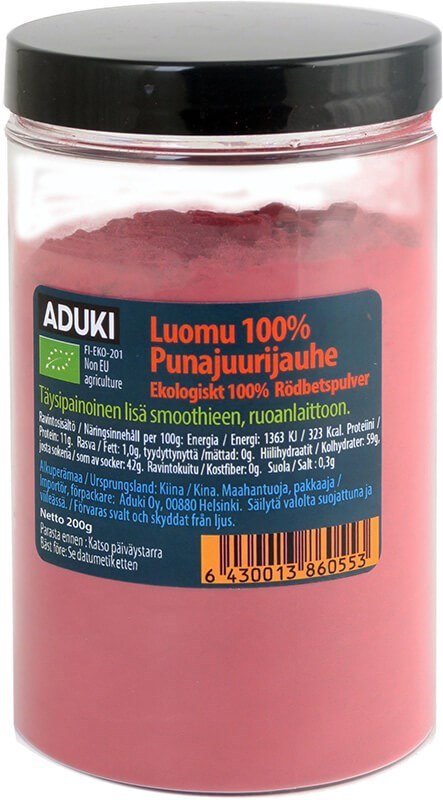 Aduki Luomu Punajuurijauhe 200 g, läpinäkyvä purkki vaaleanpunaista punajuurijauhetta