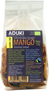 A clear bag of Aduki brand dried, unsweetened mango slices (150g). The packaging is plastic with a matte finish, rectangular in shape. The front label displays product information in Finnish and Swedish, certification logos, and a barcode at the bottom. Sans-serif fonts are used on the label. No people or hands are present. The image background is plain white with even lighting and no additional props or objects shown.