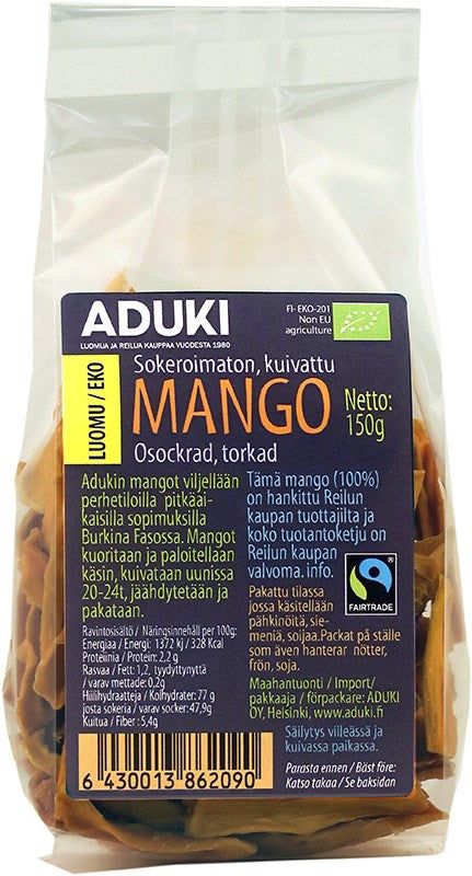 A clear bag of Aduki brand dried, unsweetened mango slices (150g). The packaging is plastic with a matte finish, rectangular in shape. The front label displays product information in Finnish and Swedish, certification logos, and a barcode at the bottom. Sans-serif fonts are used on the label. No people or hands are present. The image background is plain white with even lighting and no additional props or objects shown.