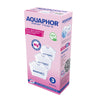 Box of Aquaphor water filters with three MAXFOR+ cartridges, BPA free, compatible with Brita Maxtra, and highlighting magnesium enrichment for improved taste. Rectangular box in matte pink and blue, showing images of the white plastic cartridges on the front. Text in bold sans serif font. No people or hands visible. Box is photographed against a plain light backdrop.