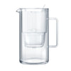 A clear plastic water pitcher with a built-in filter, ergonomic handle, and secure lid, shown on a plain white background. The transparent body reveals the internal filter component; surface finish is glossy. The curved handle is molded into the side. No label text or branding is visible. No packaging or additional items present, shot is at eye level with no people or hands included.