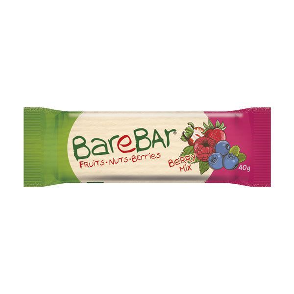 BareBar Berry Mix 24-pack; BareBar-patukka Berry Mix -makuisena, kääreessä kuvia vadelmista ja mustikoista; suorakulmainen kääre poimutetuin reunoin, pääosin vihreä, kermanvärinen ja vaaleanpunainen mattapintaisena; lihavoitu groteskifontti tuotenimessä ja mauassa; paino 40 g; valkoinen tausta, ei ihmisiä tai tarvikkeita.