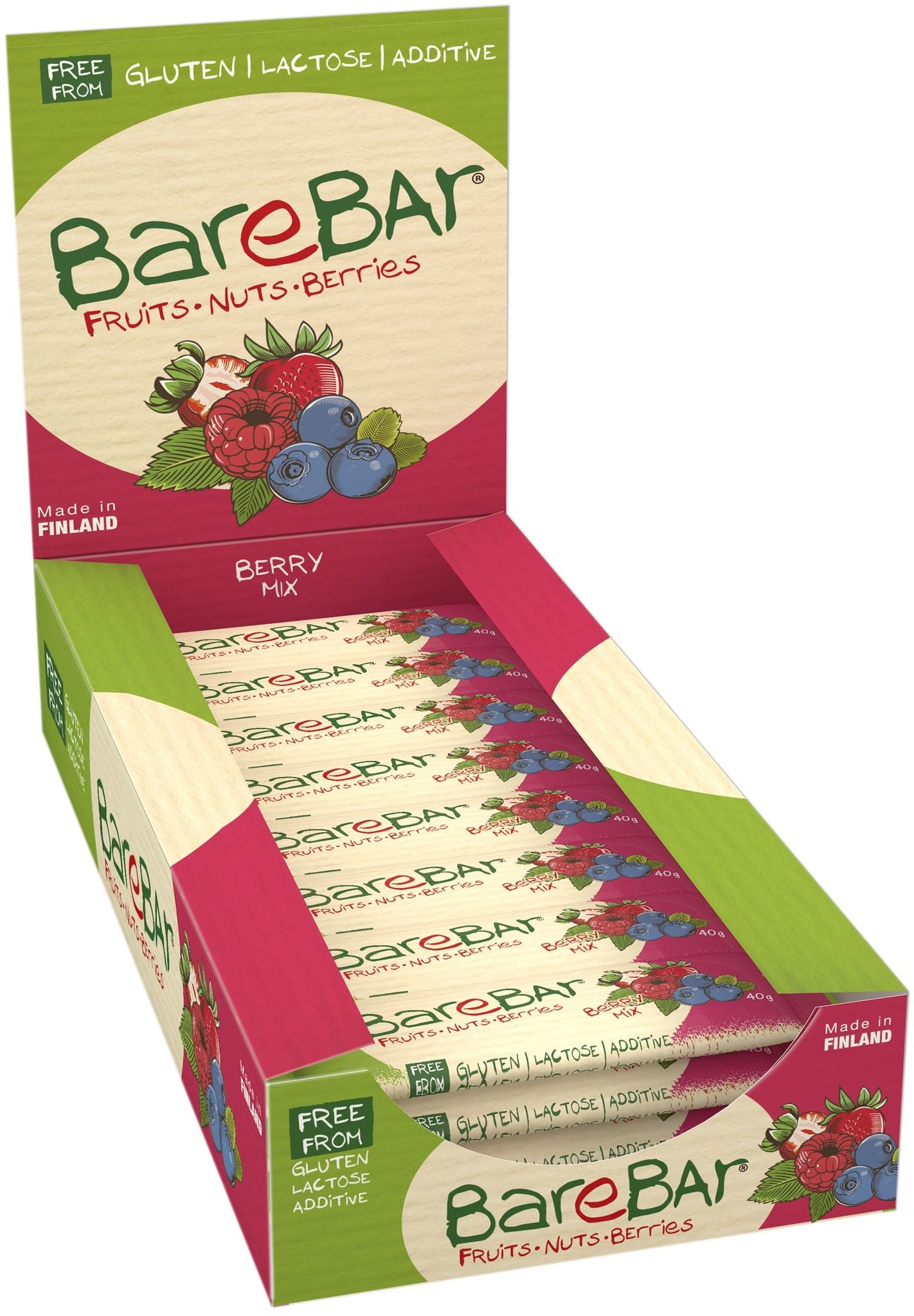 A display box of BareBar berry mix fruit and nut bars, labeled gluten free and additive free. The packaging is matte with a rectangular shape, showing illustrated berries and nuts in red, purple, and brown colors. Block sans-serif typography is used for brand name and label text. “Made in Finland” is printed on the front. Plain background with no people or hands present.