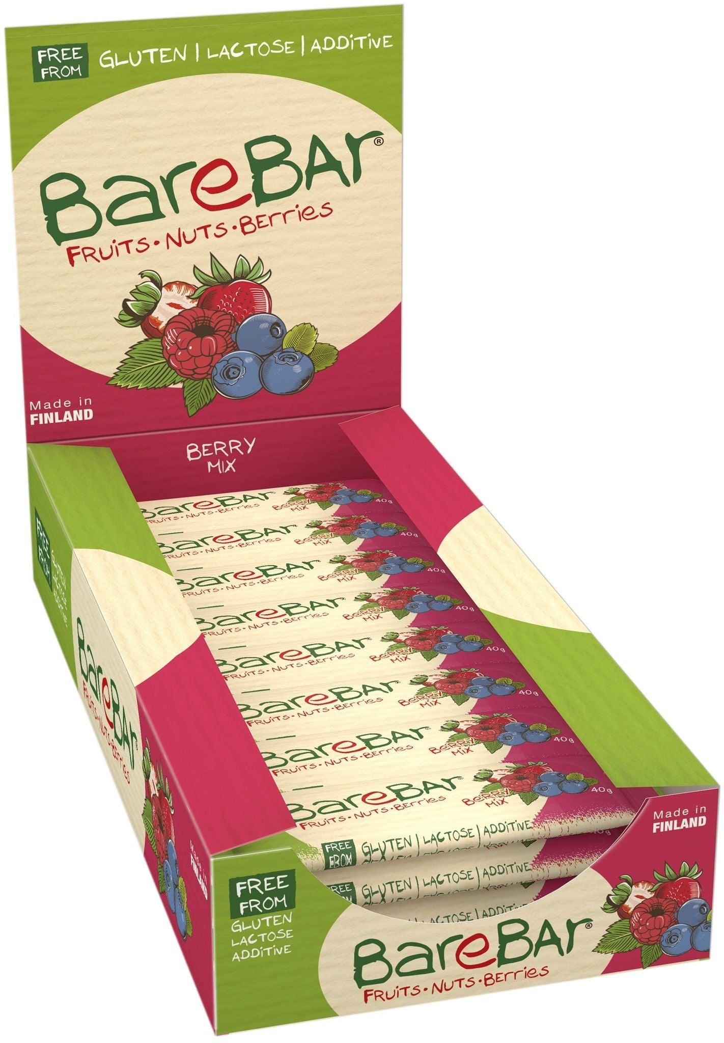 BareBar Berry Mix 24-pack; myyntipakkaus BareBar-marjasekoituspatukoille, merkitty gluteenittomaksi ja lisäaineettomaksi; mattapintainen suorakulmainen pakkaus kuvitettuine punaisine, violetteine ja ruskeine marjoineen ja pähkinöineen; lohkomainen groteskityyppografia brändinimessä ja etikettitekstissä; teksti "Made in Finland" etusivulla; neutraali tausta, ei ihmisiä tai käsiä.