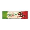 A BareBar snack bar in red, green, and beige packaging labeled Fruits, Nuts, Berries Red Berries, with images of strawberries and other red berries. Wrapper is rectangular with a matte finish and sealed ends. The product name text is bold sans-serif in white. Weight “40g” is printed on the front. The bar rests on a plain surface. No people or hands are present in the shot.