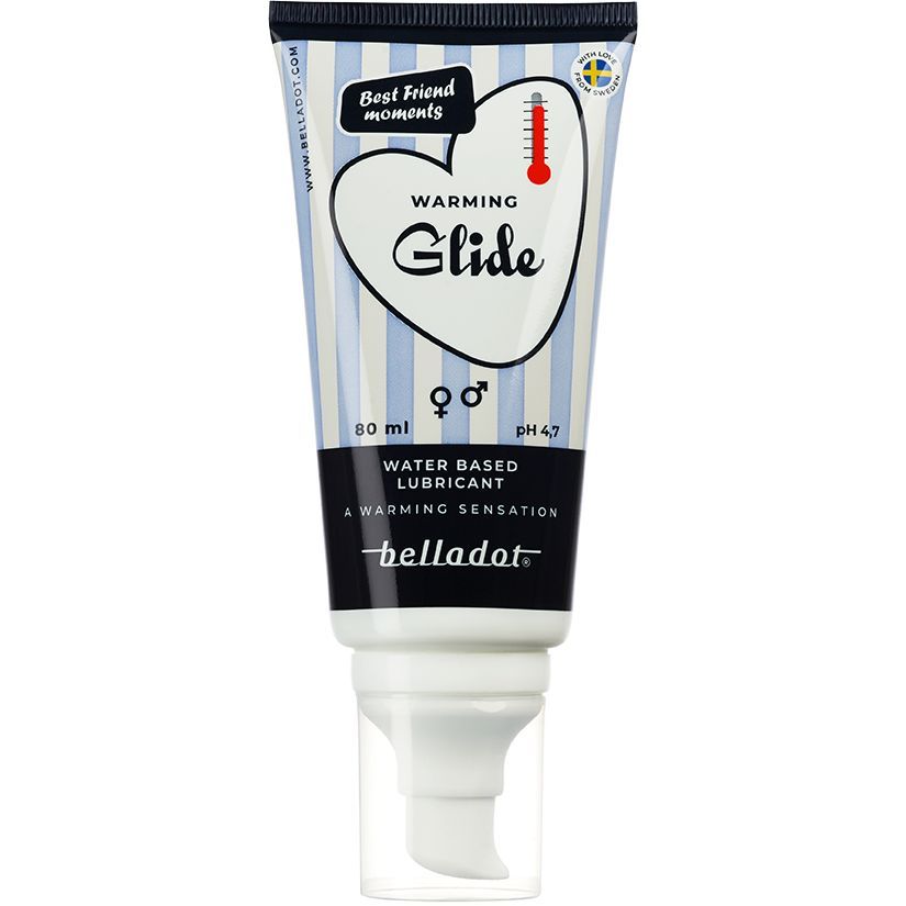 Belladot Vesipohjainen Lämmittävä Liukuvoide; tuubi Belladot Warming Glide -liukuvoiteelle, 80 ml, sinis-valkoisin raidoin, sydänkuvitus ja lämpötilakuvake; merkitty vesipohjaiseksi hellävaraiseen lämmittävään tuntemukseen; tuubi muovia mattapintaisena; groteskifontti eri painoin etiketissä; ei ihmisiä tai käsiä, tuote kuvattu kokonaisuudessaan neutraalilla taustalla.