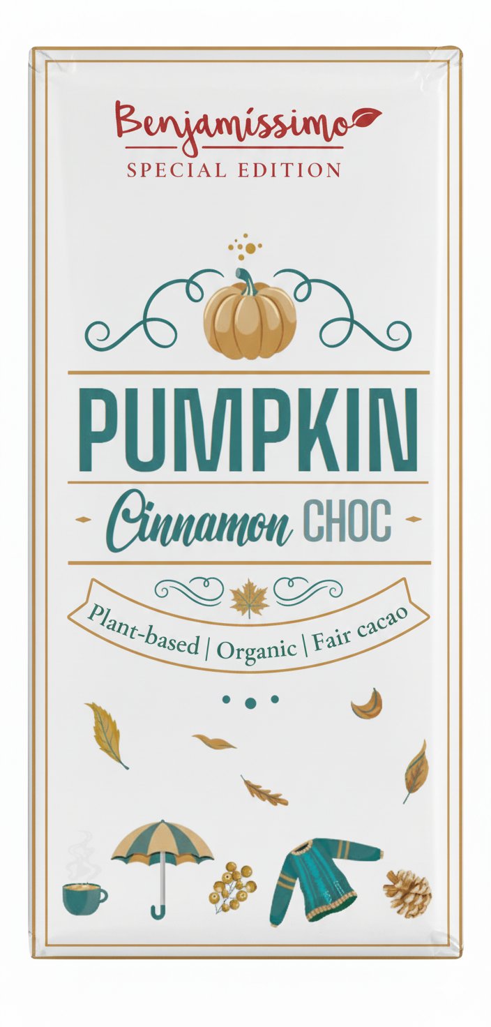 Benjamissimo Pumpkin Cinnamon -luomusuklaalevy, valkoisessa kääreessä kurpitsa ja syksyisiä kuvia