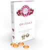 A box of BerryOMG OMVEGA-3 berry oil omega-3 supplement capsules, with four orange capsules displayed in front. Rectangular box with a matte finish, featuring colorful berry illustrations and clear product name. Prominent text notes “balanced diet” and “30 capsules.” Clean background, no people or props present.