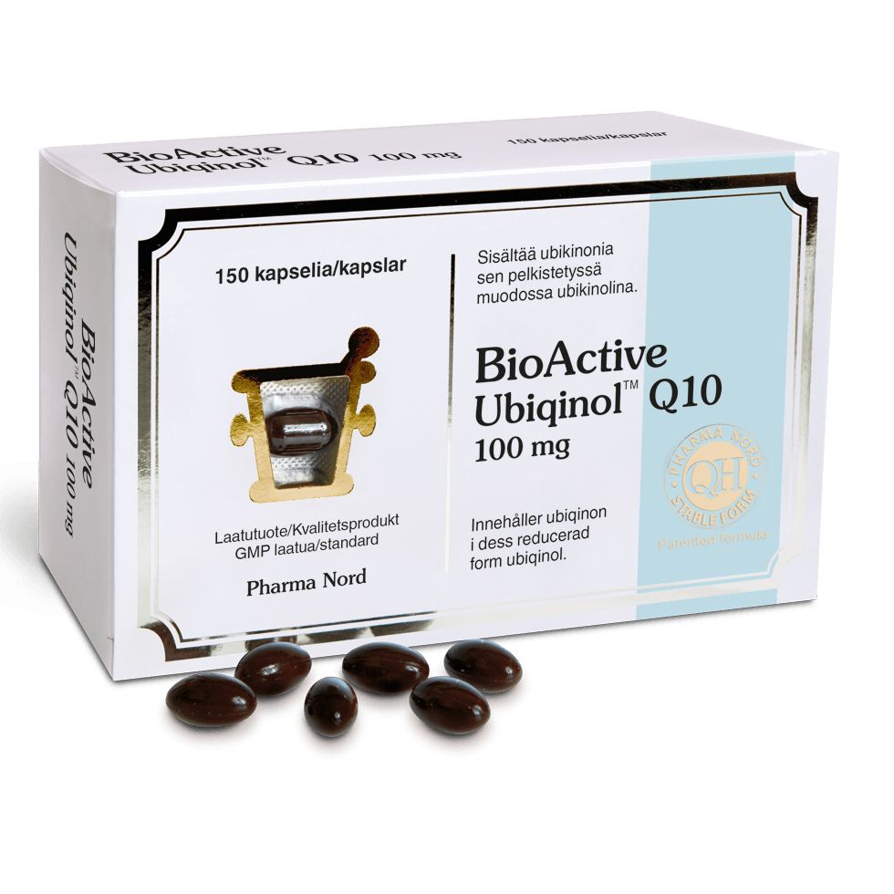 A box of BioActive Ubiquinol Q10 dietary supplements with 150 capsules. Five dark, oval softgel capsules are arranged on a smooth surface in front of the box, next to a silver blister pack. The packaging is matte with prominent block lettering and blue accents. Visible text is in Finnish and Swedish. All items are photographed against a plain white background in a clear product shot.