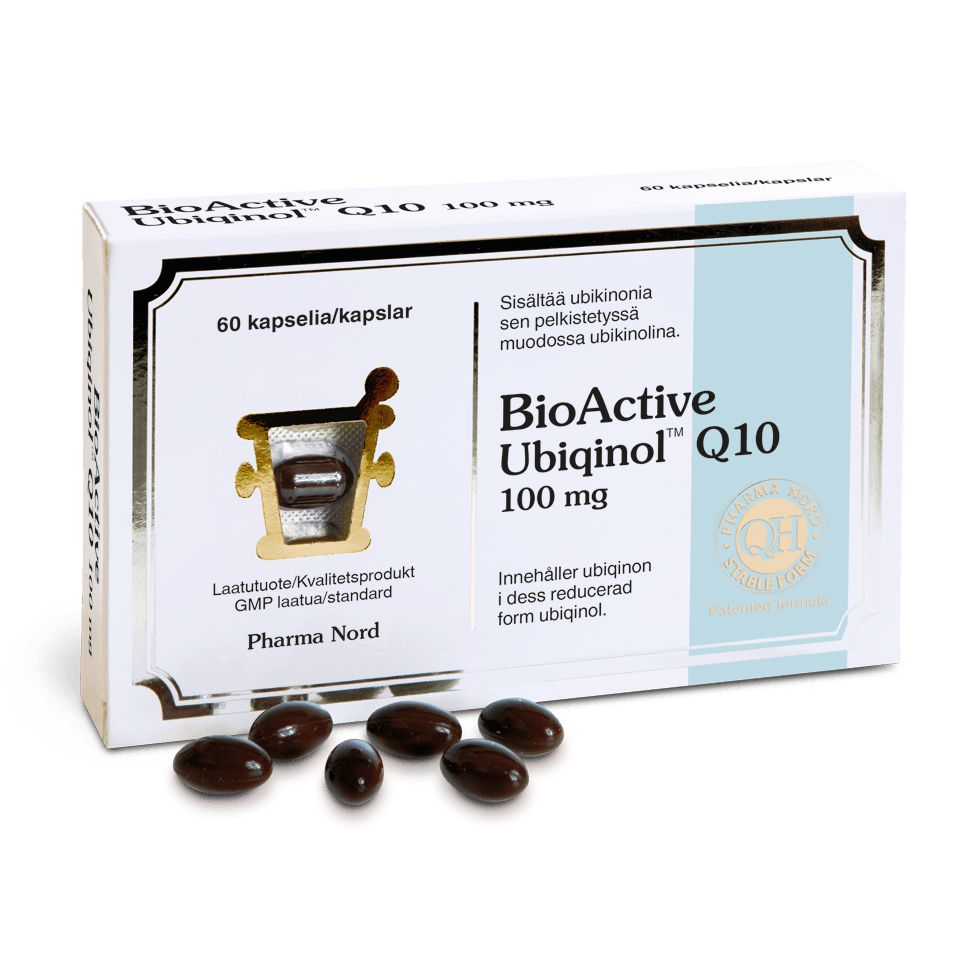 Box of BioActive Ubiquinol Q10 100 mg capsules by Pharma Nord with six brown, glossy, oval capsules in front. The rectangular box is mainly white with black and gold accents, and has legible Finnish and Swedish product text. There is a round gold emblem on the front. Serif typography is used for the main text. Plain white studio background. No people or hands visible in the image.