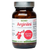 Biomed Arginiini; ruskea lasipullo tekstillä "Biomed Argiiniini" punaisin ja vihrein tekstein, sisältää 60 kapselia L-arginiinia 1000 mg; lieriön muotoinen pullo kiiltäväpintaisena valkoisella kierrekorkilla; mattapintainen etiketti molekyylikuvituksin, suomenkielisin tuotetiedoin ja L-arginiinin hyödyillä; valkoinen tausta, ei ihmisiä tai käsiä.