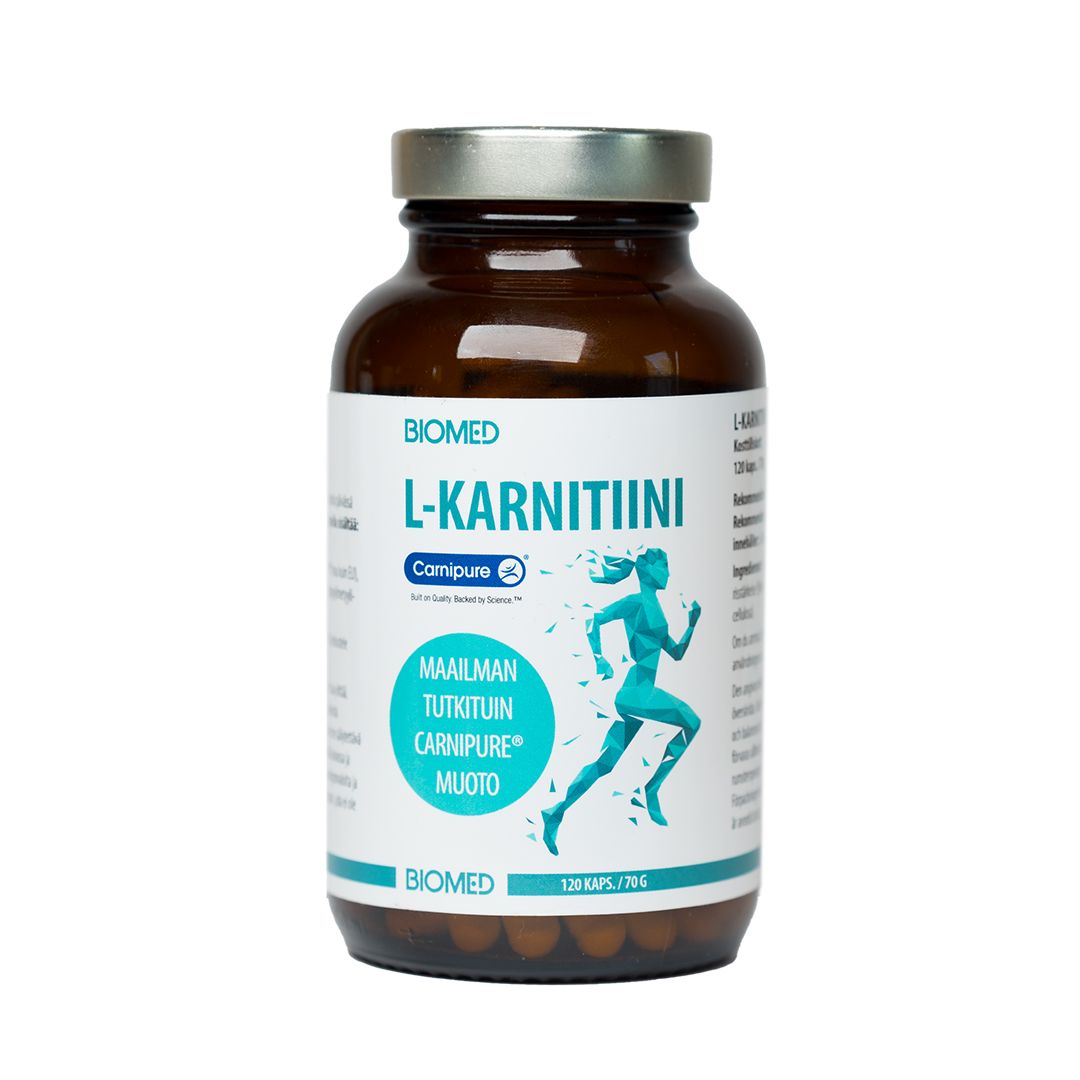 A brown plastic bottle with a white screw cap, matte surface finish, cylindrical shape, and front-facing label. Label displays “L-KARNITIINI” by Biomed in sans-serif font, includes a blue running figure and text in Finnish. States 120 capsules. Product is photographed against a plain white background with no people or hands visible.