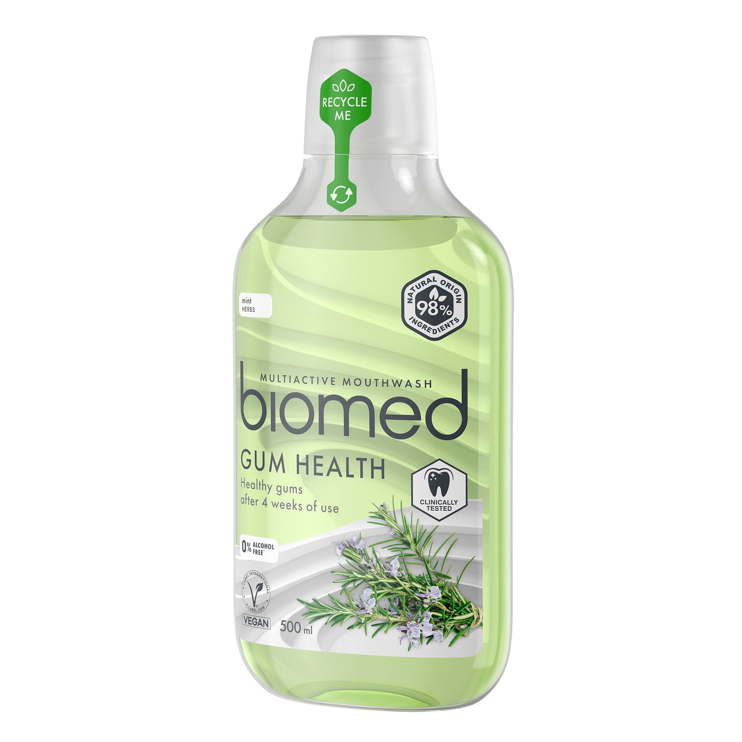 Biomed Gum Health -suuvesi 500 ml vaaleanvihreässä pullossa rosmariinikuvituksella