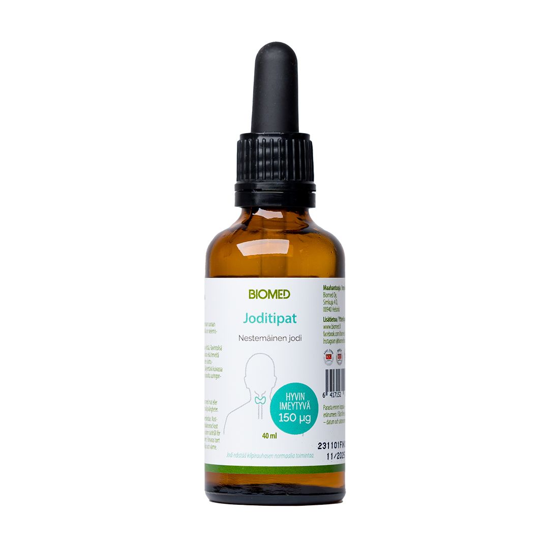 A brown glass dropper bottle labeled BIOMED Joditipat, containing 40 ml of liquid iodine supplement. The bottle is cylindrical with a glossy finish and has a black dropper cap. Label shows blue and green sans-serif text and a medical outline diagram of the thyroid gland at the throat area. Background is plain white, product photographed head-on with no people or hands visible.