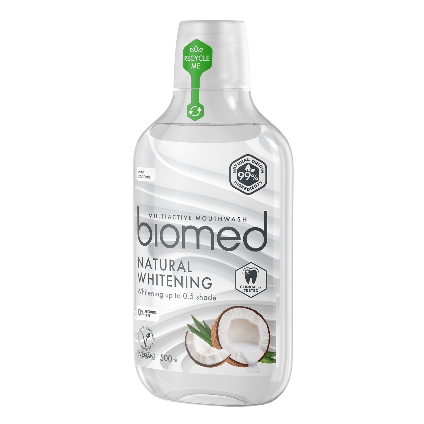 Biomed Natural Whitening -suuvesi 500 ml kirkkaassa pullossa kookoskuvituksella