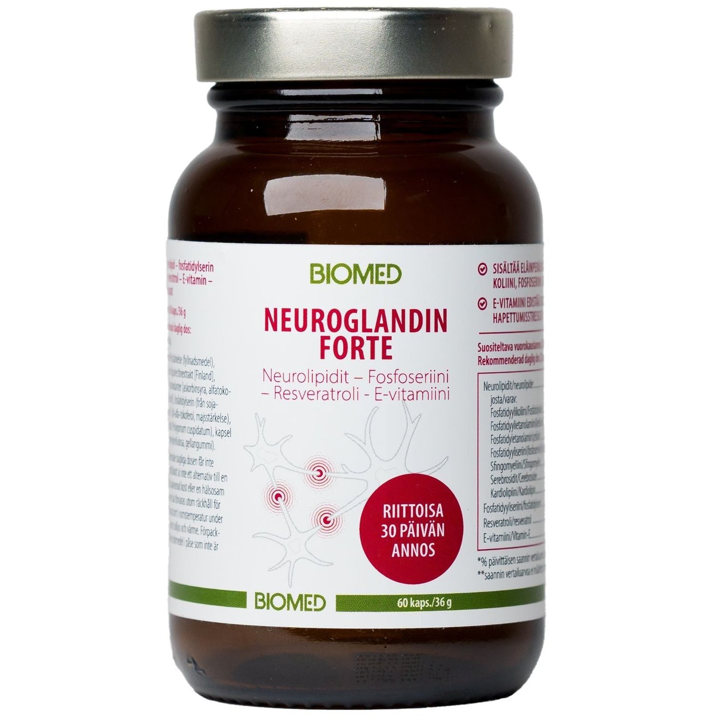 Biomed Neuroglandin Forte; ruskea lasipullo tekstillä "NEUROGLANDIN FORTE" Biomedilta, sisältää 60 kapselia; lieriön muotoinen valkoisella kierrekorkilla; etiketti mattapintainen selkeällä sans-serif-typografialla; pääainesosina mainitaan neurolipidit, fosfoseriini, resveratroli ja E-vitamiini edistyneen kognitiivisen tuen tarjoamiseksi; ei käsiä tai ihmisiä; neutraali tausta, tuote keskitettynä kuvassa kokonaisuudessaan.