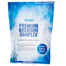 Biomed Premium Kreatiini Complex -kreatiinijauhe 300 g pussissa, sisältää glysiiniä, tauriinia ja inositolia