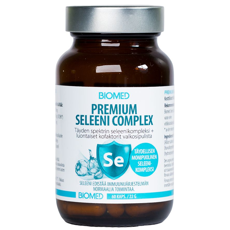 Biomed Premium Seleeni Complex 60 kapselia – seleeniravintolisä ruskeassa lasipurkissa