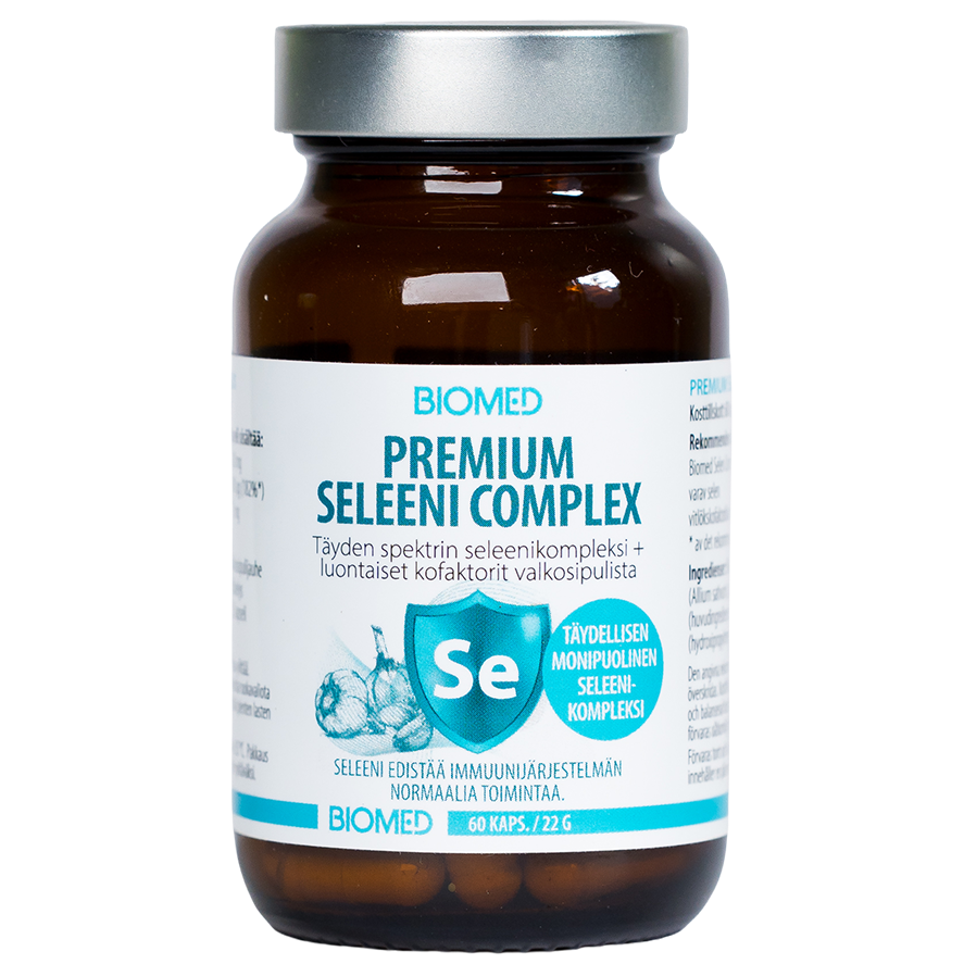 Biomed Premium Seleeni Complex 60 kapselia – seleeniravintolisä ruskeassa lasipurkissa