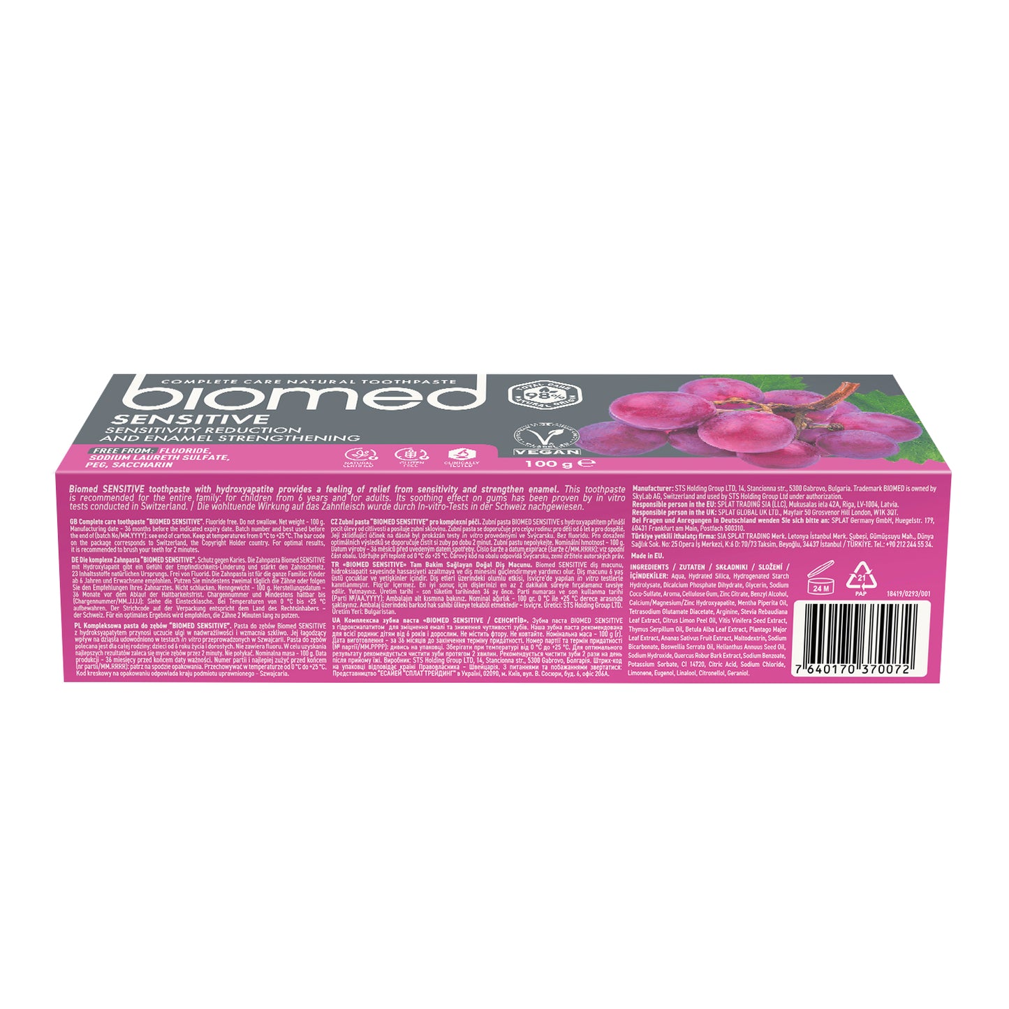 Biomed Sensitive -pakkauksen takapuoli: ainesosat, valmistajatiedot ja viivakoodi