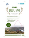 Frozen bone broth product package labeled BIOMED LUULIEMI featuring antler graphics, Finnish text, and an image of reindeer grazing on grass with mountains in the background. The rectangular package has a matte finish with a prominent blue Pakkauste label at the top. Typography is bold and sans-serif. No people or hands visible; product stands against a plain surface.