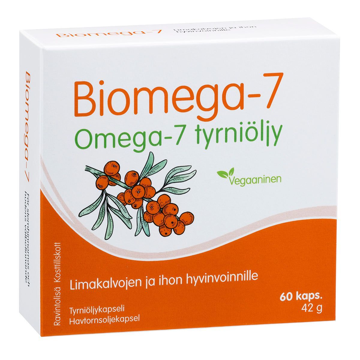 Biomega-7 Omega-7 Tyrniöljy -kapselipakkaus; suorakulmainen, mattapintainen rasia valkoisen ja oranssin sävyissä; kuvituksena tyrnimarjoja; suomenkielinen teksti kertoo hyödyistä iholle ja limakalvoille tekstausvapaalla kirjasimella; kuvattu yksiväristä taustaa vasten, ei ihmisiä tai käsiä näkyvissä.