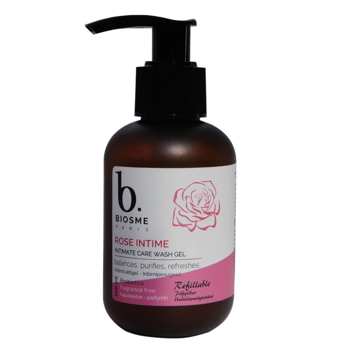 Biosme Rose Intiimipesugeeli; ruskea sylinterin muotoinen muovinen pumppupullo mattapinnalla; etiketissä lukee ”b. BIOSME PARIS Rose Intime Intimate Care Wash Gel” groteskikirjasimella yhdessä vaaleanpunaisen ruusukuvituksen ja biohajoavuus- ja tuoksuttomuuskuvakkeiden kanssa; pullo seisoo yksinään vaaleaa taustaa vasten; tuote esittelee hellävaraisen ja biohajoavan koostumuksensa, ei ihmisiä tai käsiä.