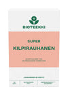 Valkoinen ja persikanvärinen Bioteekki Super Kilpirauhanen -ravintolisälaatikko, jossa on suomenkielistä tekstiä, vihreitä ja persikanvärisiä grafiikoita sekä hyvinvointikuvakkeita etupuolella. Laatikko on suorakulmainen ja mattapintainen. Tuotenimi on esillä lihavoidulla pääteviivattomalla fontilla. Ihmisiä tai käsiä ei näy. Kuvan tausta on yksivärinen valkoinen, otettu suoraan pakkauksen etupuolelta.