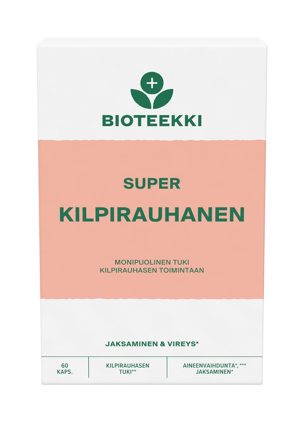 Valkoinen ja persikanvärinen Bioteekki Super Kilpirauhanen -ravintolisälaatikko, jossa on suomenkielistä tekstiä, vihreitä ja persikanvärisiä grafiikoita sekä hyvinvointikuvakkeita etupuolella. Laatikko on suorakulmainen ja mattapintainen. Tuotenimi on esillä lihavoidulla pääteviivattomalla fontilla. Ihmisiä tai käsiä ei näy. Kuvan tausta on yksivärinen valkoinen, otettu suoraan pakkauksen etupuolelta.