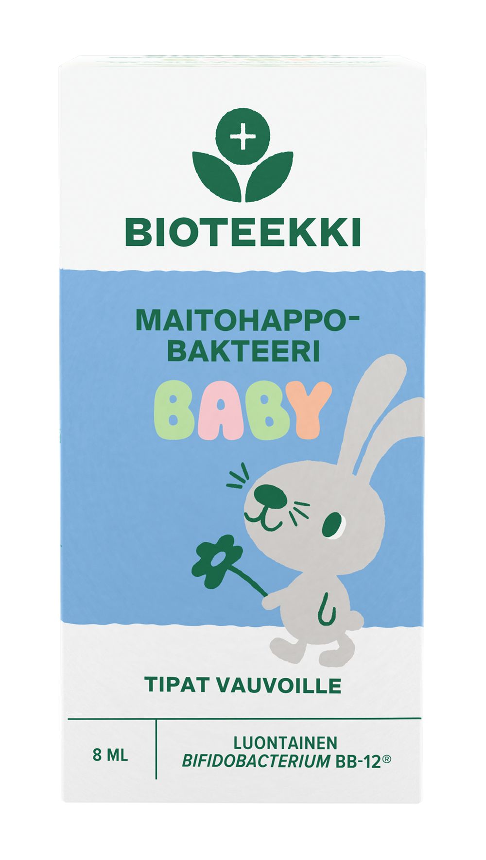 Suorakulmainen laatikko Bioteekki Maitohappobakteeri Baby -tippoja, jossa on harmaa sarjakuvapupu pitämässä kukkaa, pastellinvärinen teksti, probioottitietoja ja suomenkielisiä tuotetietoja sinisellä ja valkoisella taustalla. Laatikko on mattapintainen. Pääetiketissä käytetään pääteviivatonta fonttia pehmein värein. Pakkaus näyttää tuotteen määrän (7,5 ml). Kuvassa näkyy vain laatikko pystyssä pelkistetyssä ympäristössä; ihmisiä ei näy.