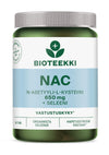 A green and white supplement bottle labeled Bioteekki NAC N-asetyyli-L-kysteiini 650 mg + Seleeni, featuring organic selenium for immunity and oxidative stress support. The bottle contains 60 tablets. The container is cylindrical plastic with a matte white body, glossy green cap, and block sans-serif black text plus green accents on the label. Plain studio background with no other items visible.