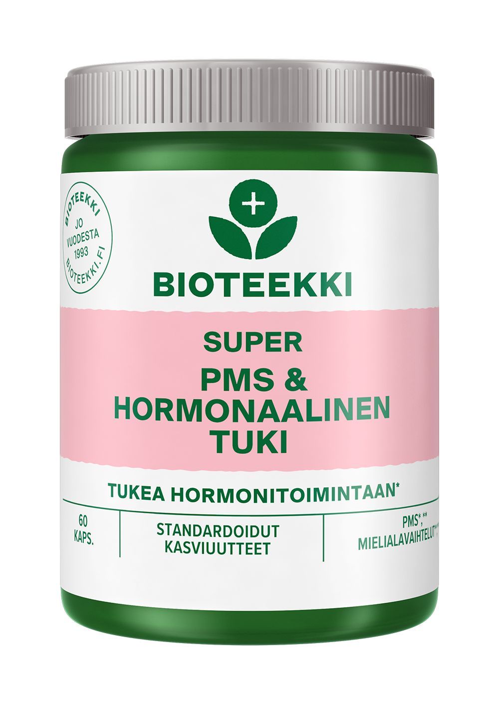 Bioteekki Super PMS & Hormonaalinen Tuki; vihreä ja valkoinen muovipurkki mattapinnalla, lieriömäinen muoto ja kierrekansi; etiketissä lihavoitua groteskityypografiaa, vihreää väriä brändinimelle Bioteekki ja osiotunnisteille, mustaa tekstiä ainesosille ja käyttöohjeille; suomenkielinen teksti listaa 60 kapselia, standardoituja kasviuutteita ja hormonitoiminnan tukea; studiokuva valkoisella taustalla.