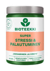 Bioteekki Super Stressi & Palautuminen; vihreä-valkoinen muovipurkki mattapinnalla, sylinterinmuotoinen ja vihreällä kierrekorkilla; etiketissä lukee lihavoidulla groteskikirjasimella tuotenimi sekä suomenkielistä tekstiä ja yksinkertainen lehtilogo; etiketissä mainitaan 60 kapselia stressinhallintaan ja palautumisen tukemiseen; yksivärinen tausta, ei ihmisiä tai esineitä näkyvissä.