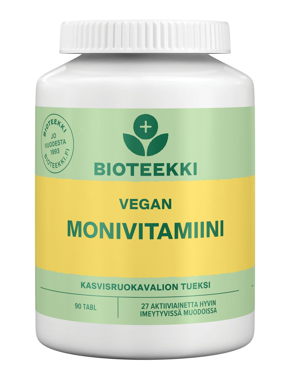 A white plastic bottle with a cylindrical shape and a screw-on cap, matte surface finish. The bottle has green and yellow accents on the label. Typography is modern sans-serif; main text reads “Bioteekki Vegan Monivitamiini,” other information includes “90 tablets.” No people or hands are visible. Plain background, likely studio shot. A white bottle labeled Bioteekki Vegan Monivitamiini with green and yellow accents, containing 90 tablets of vegan multivitamins to support a plant-based lifestyle.
