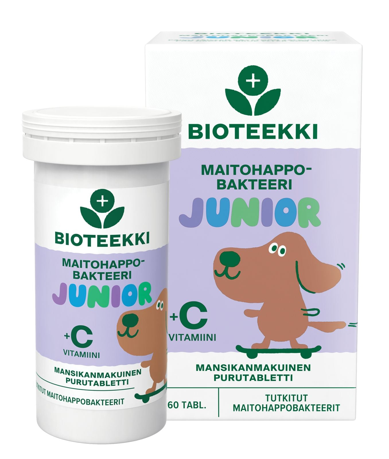 A box and bottle of Bioteekki Junior lactic acid bacteria tablets with vitamin C, featuring a cartoon dog on the Finnish-language packaging. The box contains 60 tablets. Both packages are mostly white with orange and green accents, glossy finish, rectangular box and cylindrical bottle shape. Bold sans-serif text in orange and green. The background is plain white, product centered, no people or hands visible. Shot is a straightforward product photo showing front labels clearly.