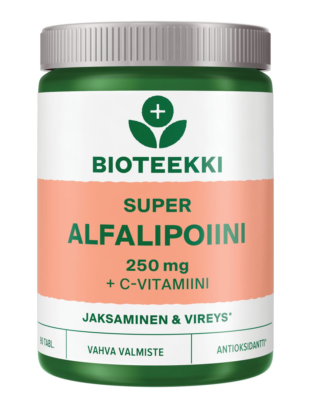 A green and white bottle labeled Bioteekki Super Alfalipoiini 250 mg + C-vitamiini, with text in Finnish highlighting energy, antioxidants, wellness benefits, and added C-vitamiini for enhanced support. Plastic container with a matte surface, cylindrical shape, screw top lid; sans-serif type; photographed against a plain white background; no people or hands in frame.