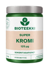 A container of Bioteekki Super Kromi 125 µg tablets, with a green lid, beige and white matte label, and green sans-serif text. The label highlights good absorption and metabolic support in Finnish, emphasizing chromium’s essential role. Cylindrical plastic bottle placed against a plain white background, no people visible.