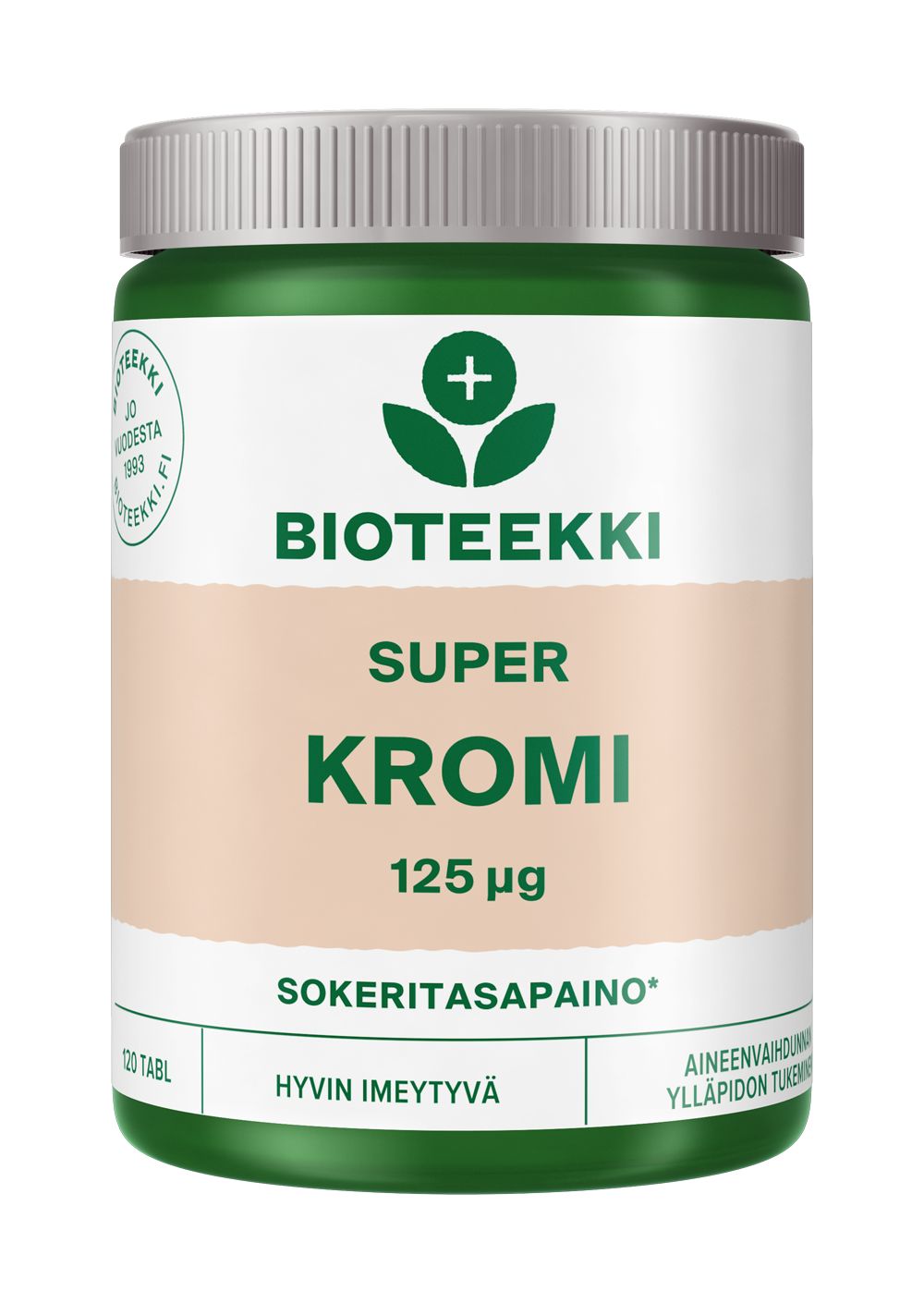 A container of Bioteekki Super Kromi 125 µg tablets, with a green lid, beige and white matte label, and green sans-serif text. The label highlights good absorption and metabolic support in Finnish, emphasizing chromium’s essential role. Cylindrical plastic bottle placed against a plain white background, no people visible.